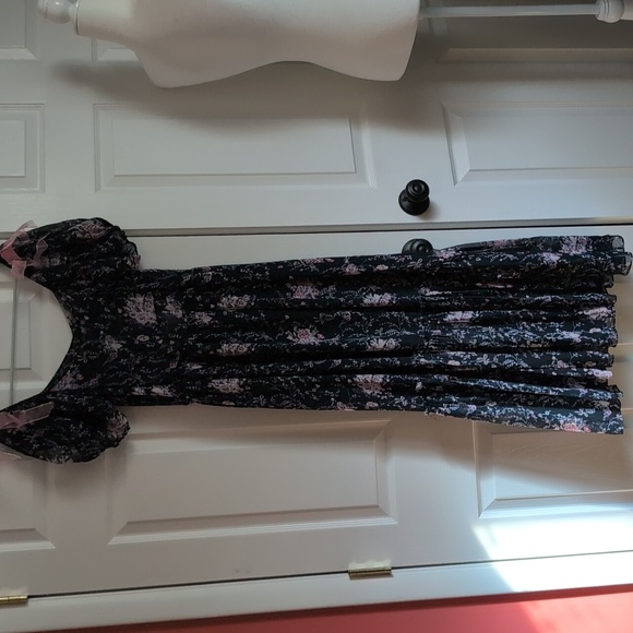 LoveShackFancy Silk Navy Midi Dress with Pink Floral Design - Picture 7 of 10